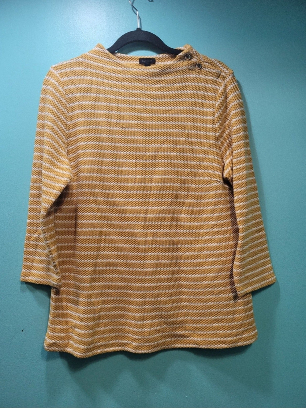 Women's Striped Mustard Crewneck Sweater with Button Detail